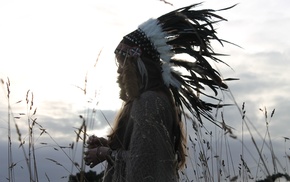 feathers, headdress, reeds, girl outdoors