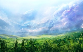 clouds, artwork, nature, sky, grass