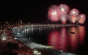 night, sea, people, city, sky