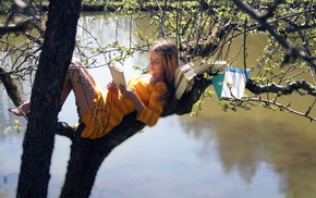 dress, trees, books, barefoot, striped clothing, reading