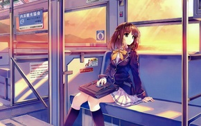 train, alone, schoolgirls, school uniform, anime girls