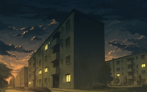 apartments, building, night, city