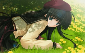 Sola, anime girls, lying down, grass, schoolgirls, school uniform