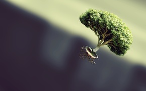 trees, bonsai, blurred, simple background, floating