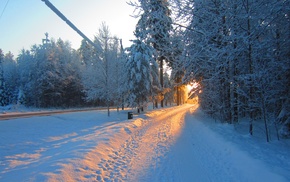 snow, sunlight, road, landscape, Sun