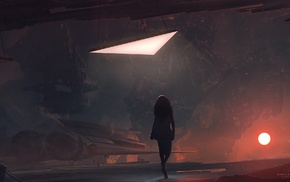 spaceship, digital art, space, Sun, futuristic, girl