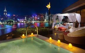 cities, night, bed, swimming pool