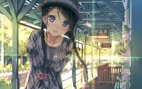 digital art, anime girls, train station