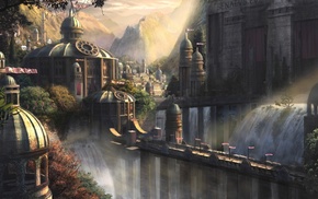 waterfall, city, bridge, tower, fantasy