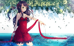 leaves, water, anime girls, anime, red dress