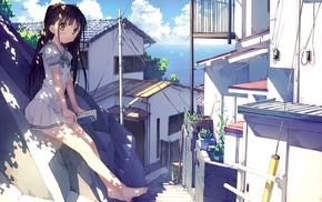sea village, reading, anime, sitting, anime girls