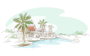 drawing, mountain, palm trees, style, lake