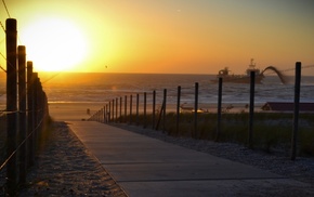 sea, path, dune, fence, sunset