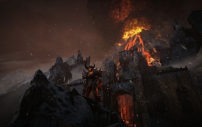 Unreal Engine 4, fire, demon, video games, snow, fortress