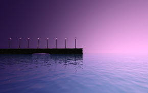 3D, sea, pier, sunset