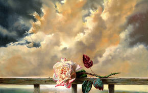 flowers, clouds, painting, rose, flower