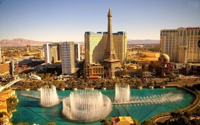 Las Vegas, cityscape, fountain, hotels, eiffel tower replica