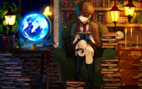 anime, anime boys, library